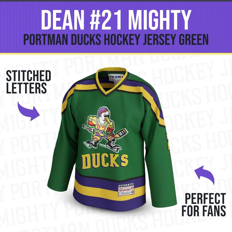 UNLC Store Dean Portman #21 Mighty Ducks Jersey – Green 90s Hockey Shirt with Stitched Letters, Adult Sizes S–5XL - Image 2